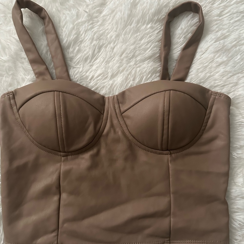 Brown Faux Leather Bustier Top